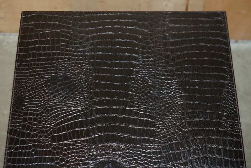 ANDREW MARTIN STYLE PAIR CHROME CROCODILE ALLIGATOR LEATHER PATINA SIDE TABLES gallery