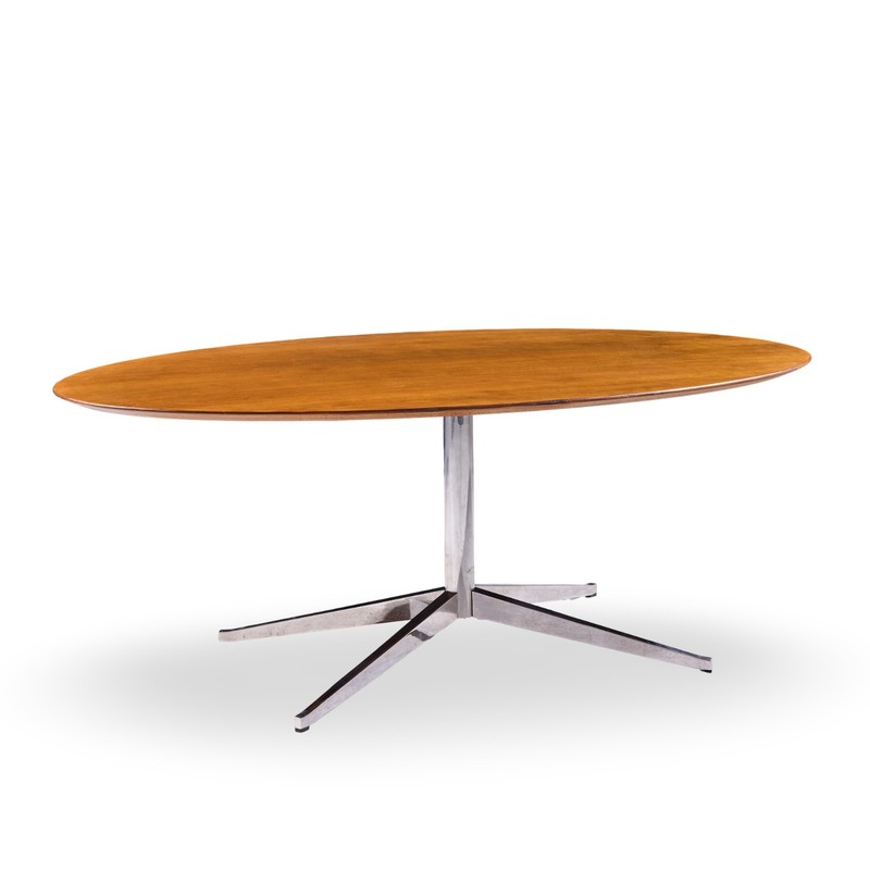 Florence Knoll Mid Century Walnut and Chrome Oval Dining Table