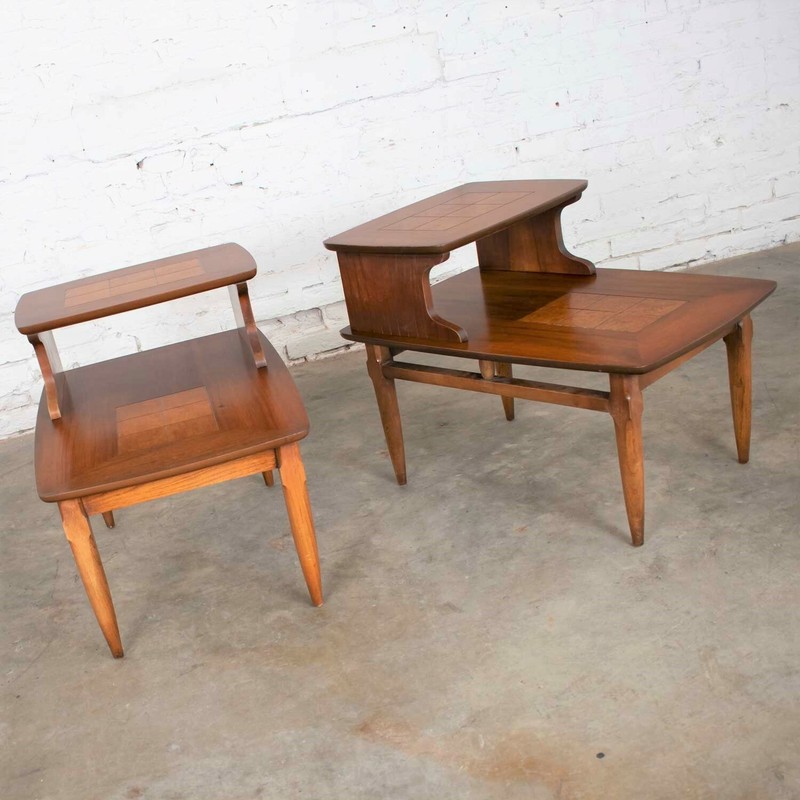 Mid Century Modern Pair Lane Step End Tables with Inlaid Walnut Burl Style #1927