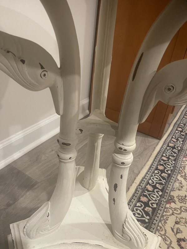 Vintage Table White Paint Over Dark Wood Carved Swan Table 20” Top 27” Floor Top gallery
