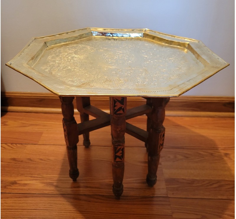 Vintage Moroccan/Egyptian handcrafted brass tray w/ wooden foldable table legs