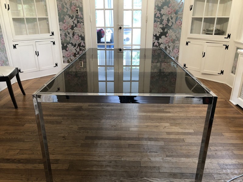 MCM Dining Table Chrome Smokey Glass Refractory Modern 1960s 72-112″ x 42