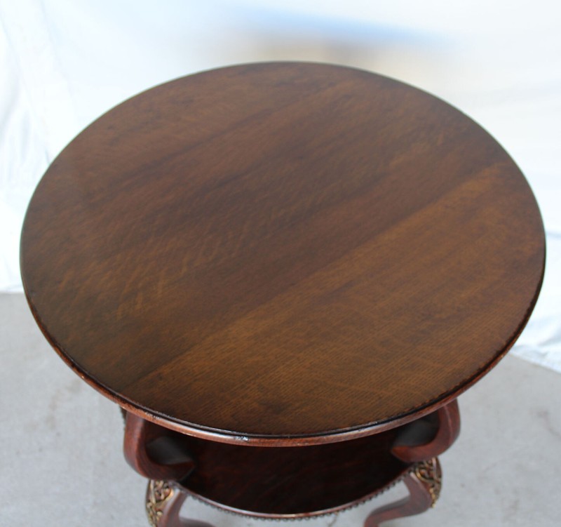 Antique Round Oak Tiered Lamp or Small Table – Beaded with Brass Ormulu gallery