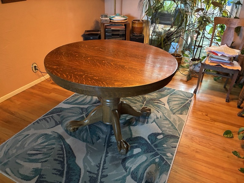 Antique Tigerwood Oak Table round 45” round 30” Tall claw feet