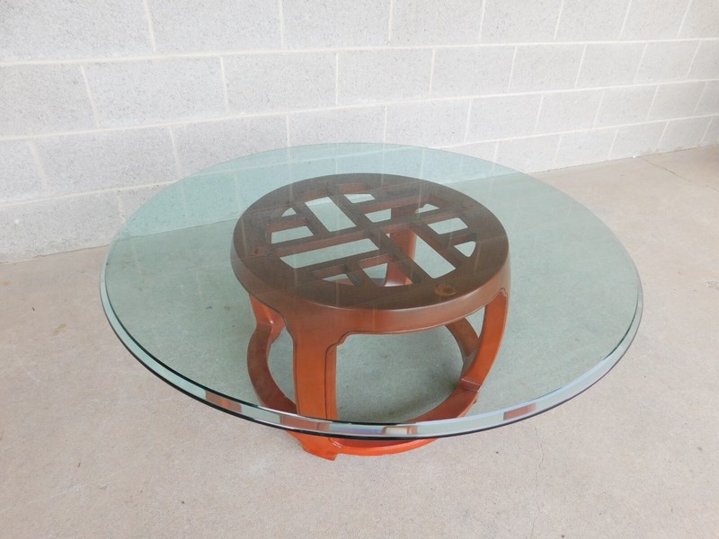 Henredon Pan Asian Collection Lacquered Base Glass Top Cocktail Table 40"w gallery