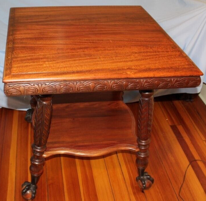 Antique Victorian Tiger Oak Parlor Table w/ metal claw and glass ball feet