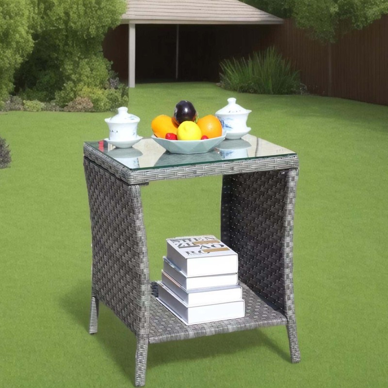 Outdoor Patio Furniture 1 Coffee Table with Clear Tempered Glass, Grey Wicker gallery