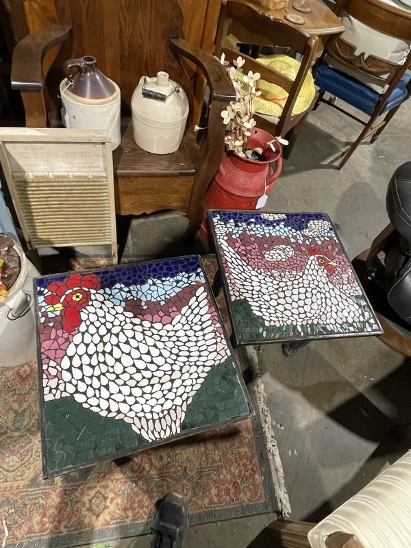 Pair Of Antique French Country Mosaic Chicken Rooster Side Tables Farmhouse