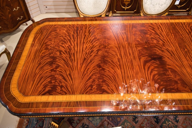 10' Heavy traditional flamed mahogany 2 pedestal formal dining table gold accent gallery