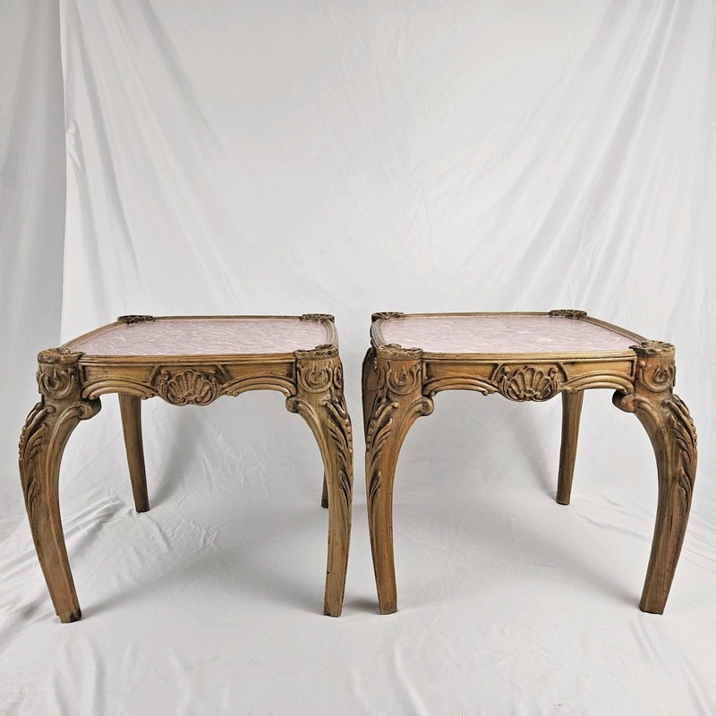 Vintage Italian Rococo End Table Pair Carved Wood French Faux Marble Baroque gallery