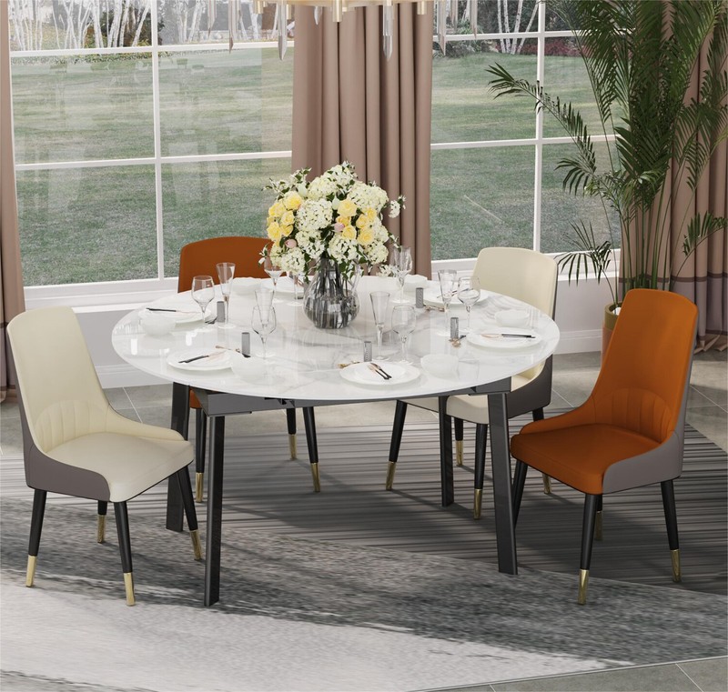 XXL Round Marble Dining Table & Leather Chair Extendable Restaurant Island Table gallery