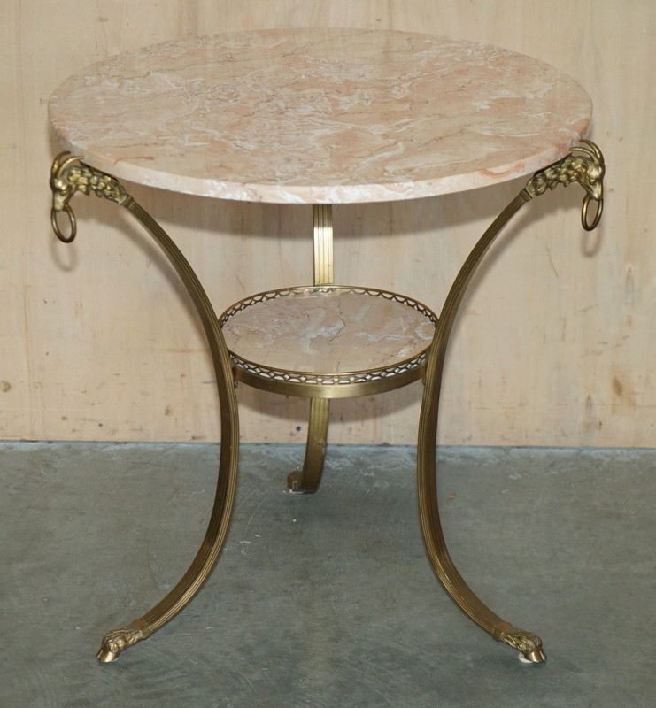 PAIR OF ANTIQUE FRENCH LOUIS XVI BRASS RAMS HEAD GUERIDON MARBLE TOP TABLES gallery