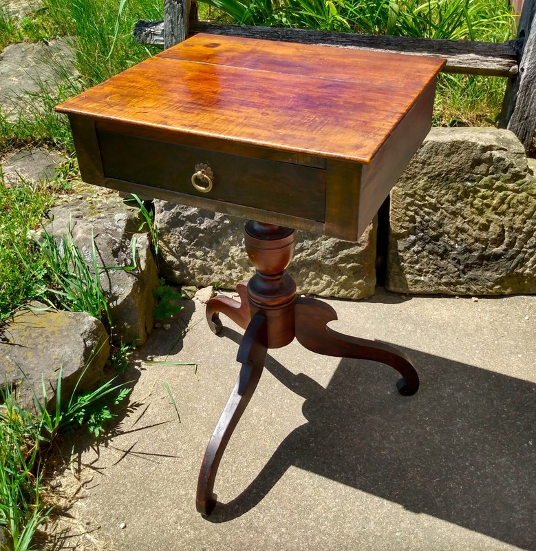 Antique Maple One Drawer Stand w 3 Splayed Scrolled Legs New England Style 1800s gallery
