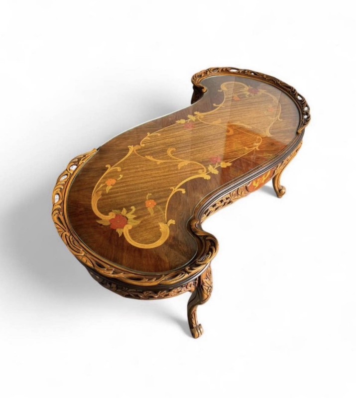 Louis XV Revival Style Kidney Shaped Coffee Table With Floral Marquetry Inlay
