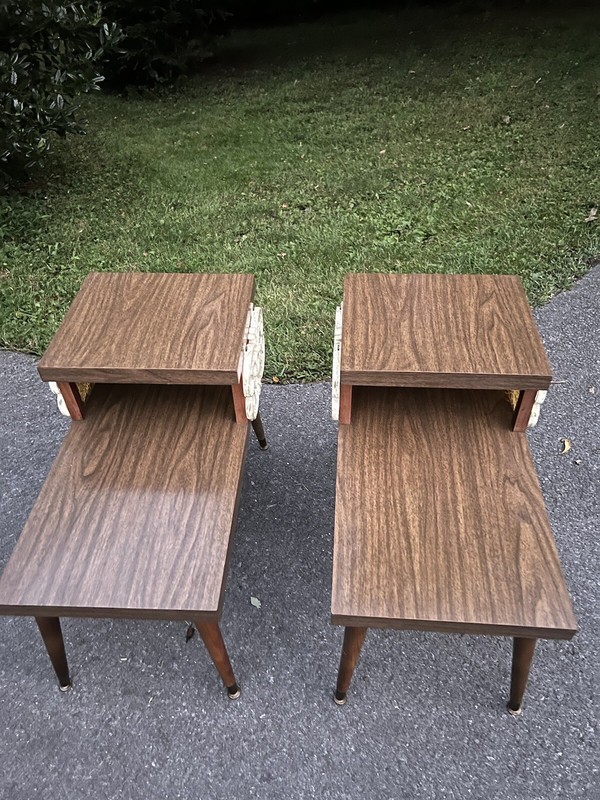Pair Vintage 1960s MCM Atomic Retro End Table Formica Metal Wood Glass gallery