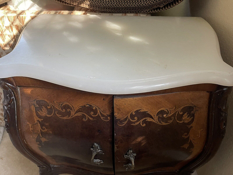 Pair Antique Bombe Marble top Inlaid French Side Tables/Cabinets gallery