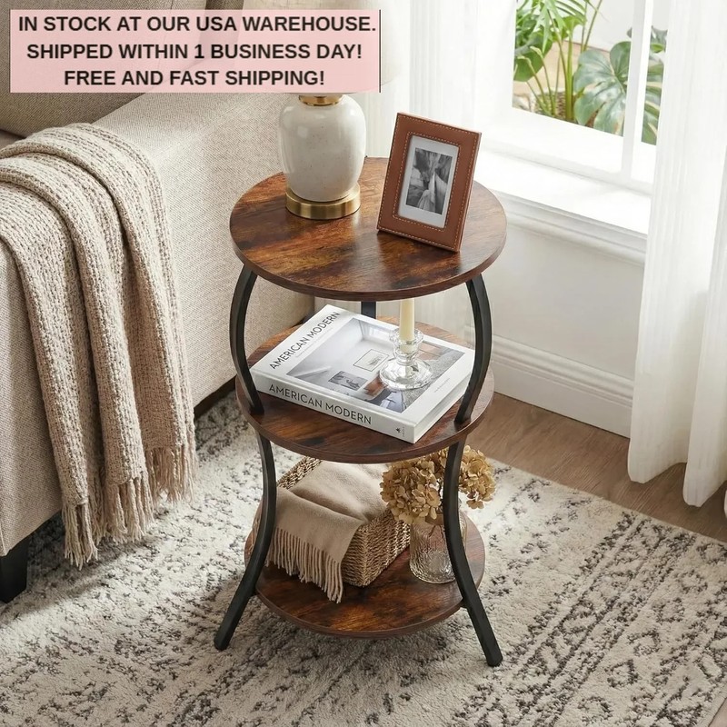 Vintage Round Side Table3Tier End Table Small Space Nightstand Rustic Industrial gallery