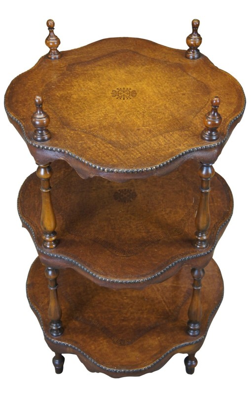 2 Theodore Alexander 3 Tier Leather Turtle Top & Nailhead Accent Side End Tables gallery