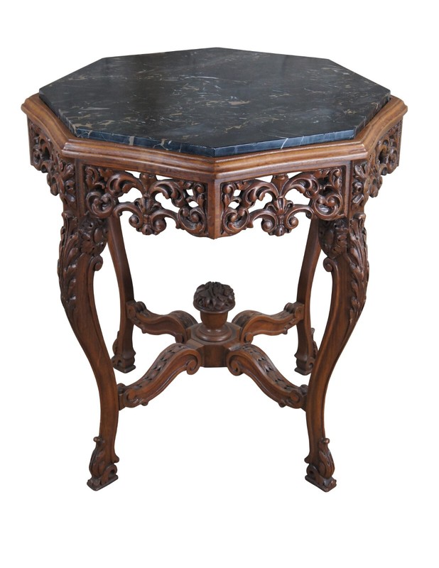 Antique Italian Renaissance Carved Walnut Marble Top Octagonal Center Side Table