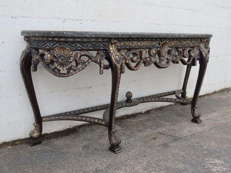 French Painted Black Heavy Carved Marble Top Large Long Console Entry Table 6381