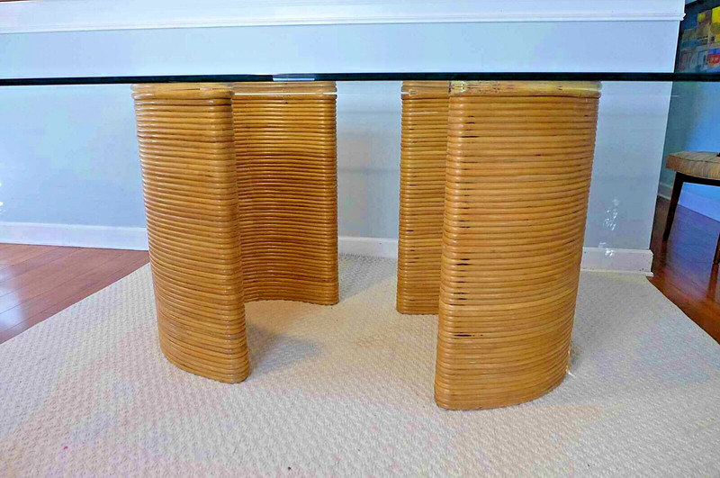 Vintage Pencil Reed Dining Table Gabriella Crespi Style Heavy Glass Top Pedestal