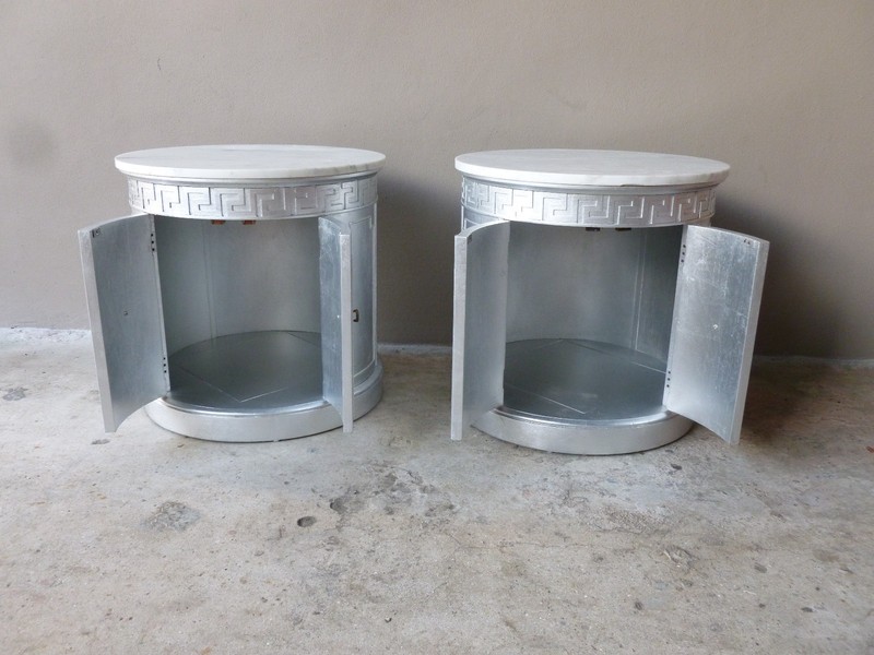 PAIR MID CENTURY HOLLYWOOD REGENCY MARBLE TOP SILVER LEAF GREEK KEY DRUM TABLES gallery