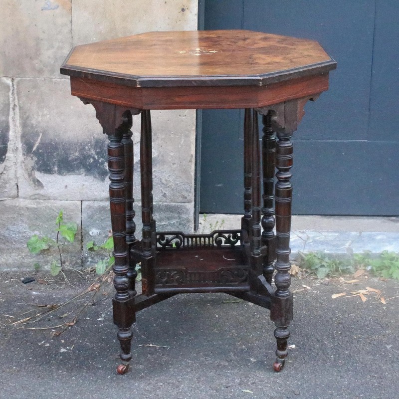 Victorian Aesthetic Movement Octagonal Inlaid Occasional Table on Castors – Pie