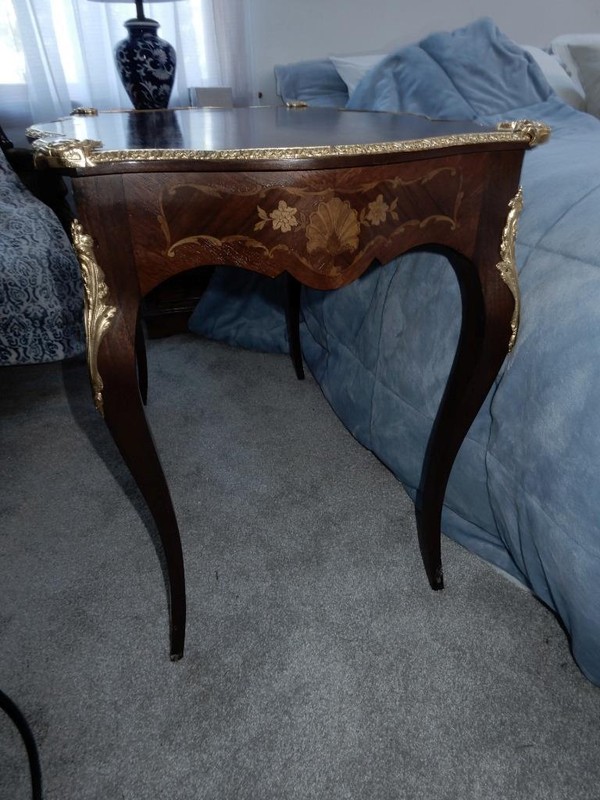 Antique French inlaid console table desk with drawer ormolu gilt trim 40 inch gallery