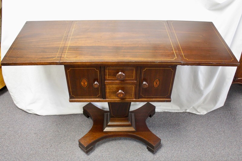 Antique Mahogany SEWING WORK SIDE TABLE.Drop-Leaf Sides. Inlaid Doors + Pulls. gallery