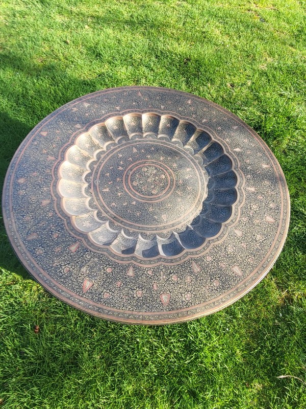 Antique Large Brass Enamel Tray Table With Carved Collapsible Legs gallery