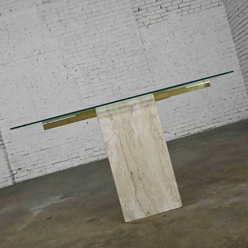 Modern Console Sofa Table Travertine & Brass Plate with Glass Top Style Artedi gallery