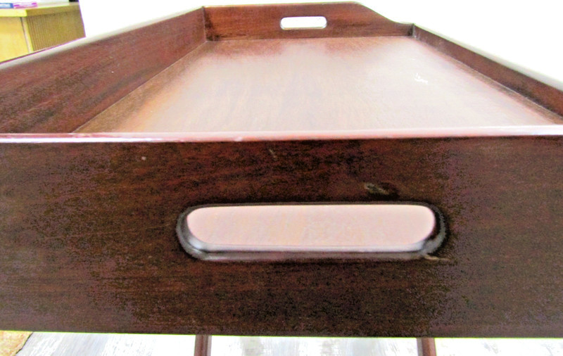 Mid 20th Century Vintage English Butler's Mahogany Tray Table With Folding Stand gallery