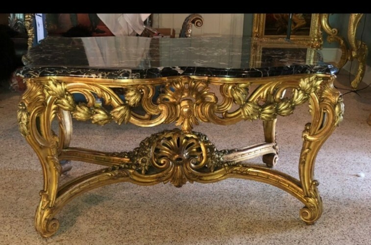 Louis XV Table , 19th Century , Grand & Sculpted w rare Saint Laurent Marble Top gallery