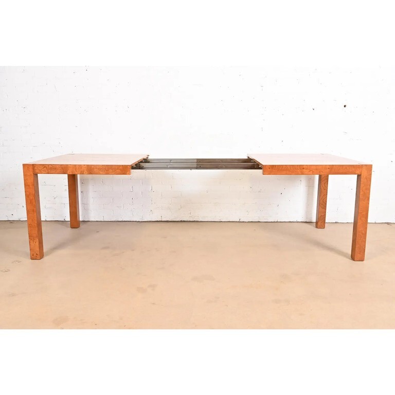 Milo Baughman Style Burl Wood Parsons Dining Table by Lane, Newly Refinished gallery