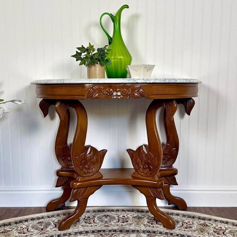 Hand-Carved Swan Console Table with Italian Marble Top