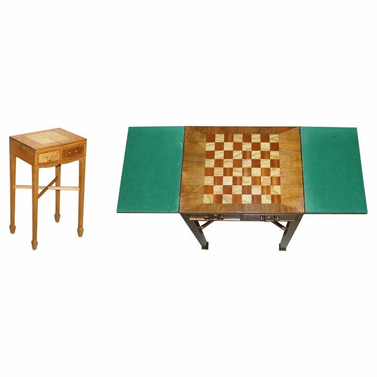 VINTAGE WALNUT SATINWOOD GAMES CARD SIDE TABLE, FOLD OUT CHESS BOARD & DRAWERS