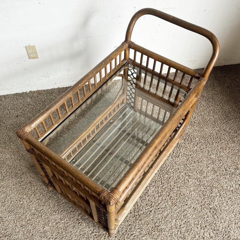 Boho Chic Bamboo Rattan and Glass Two-Tier Bar Cart gallery