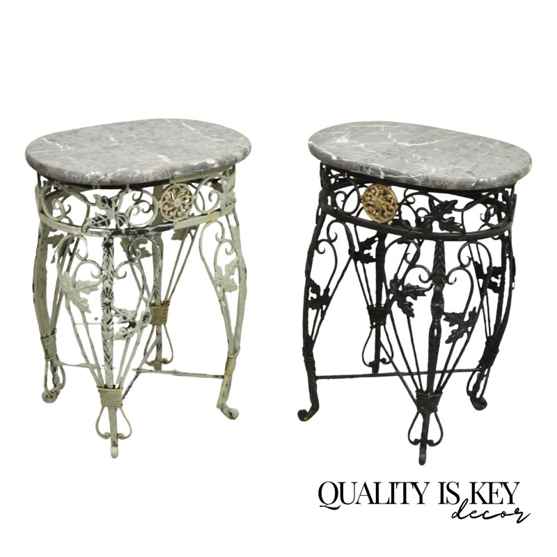 Vintage French Art Nouveau Wrought Iron Marble Top Painted Side Tables – a Pair