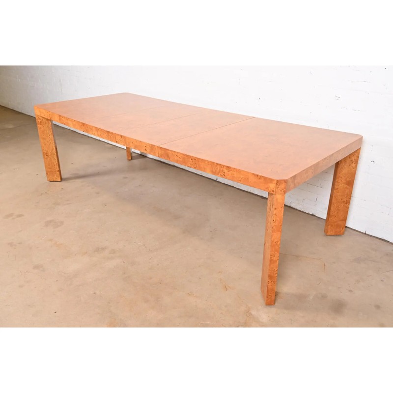 Milo Baughman Style Mid-Century Modern Burl Wood Parsons Extension Dining Table