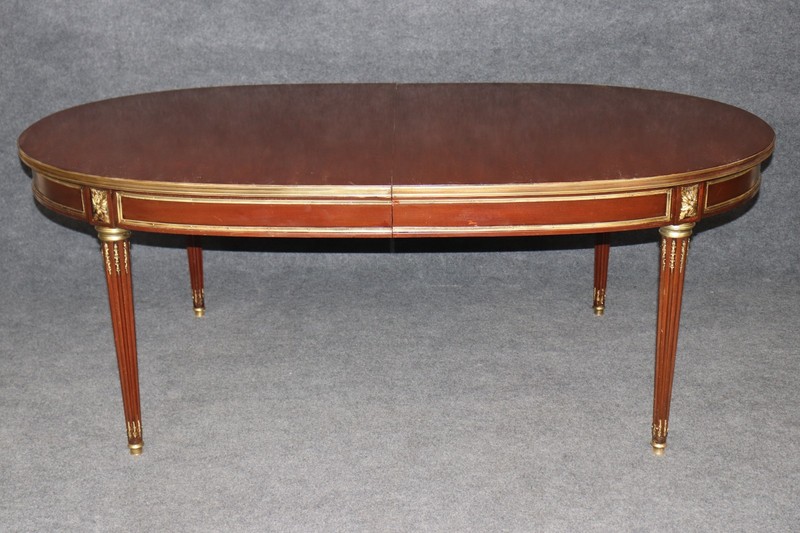 Signed Maison Jansen Brass and Bronze Adorned Mahogany Dining Table with 3 Leave gallery