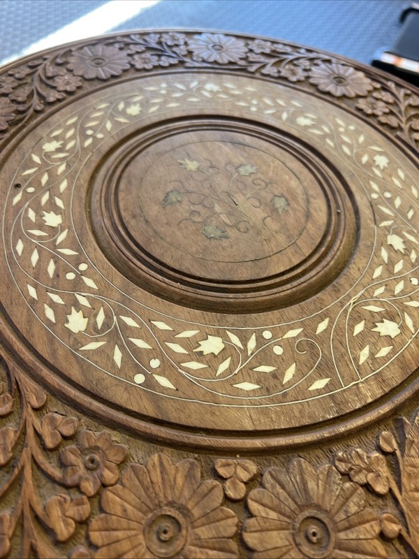 Vtg Hand Carved & Crafted Wood Inlay Folding Plant Stand 18t x 18”d India gallery