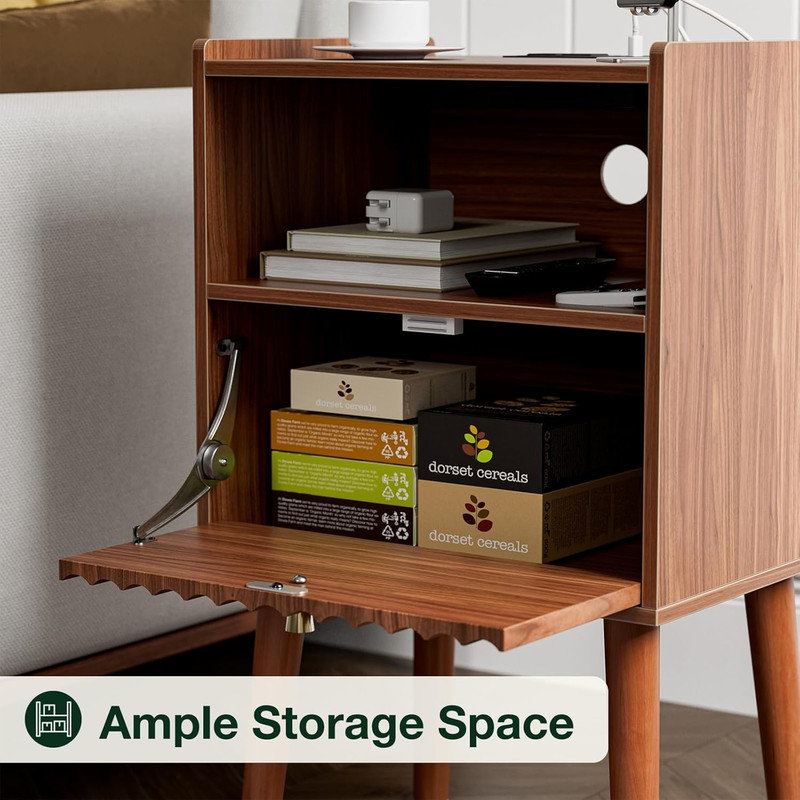 Mid Century Modern Side Table with Charging Station, Tall End Table with Fluted gallery