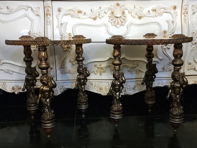 Vintage French Style Hollywood Regency 3 Leg Cherub Round End Tables Set of 2 gallery