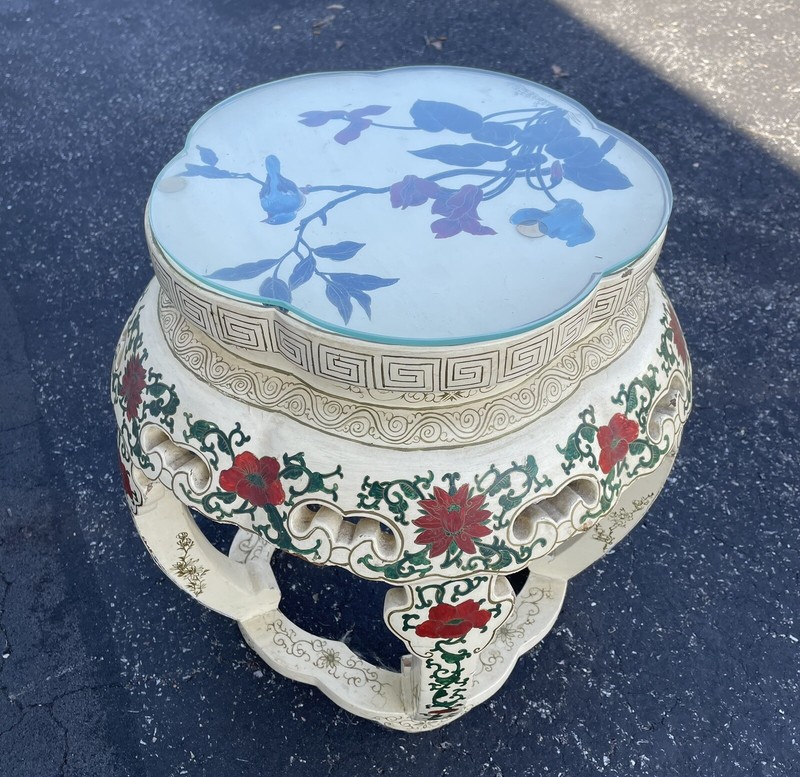 Hand Painted Laquer Cream Green Red Cloisonné Side Table ~ Glass top custom made gallery