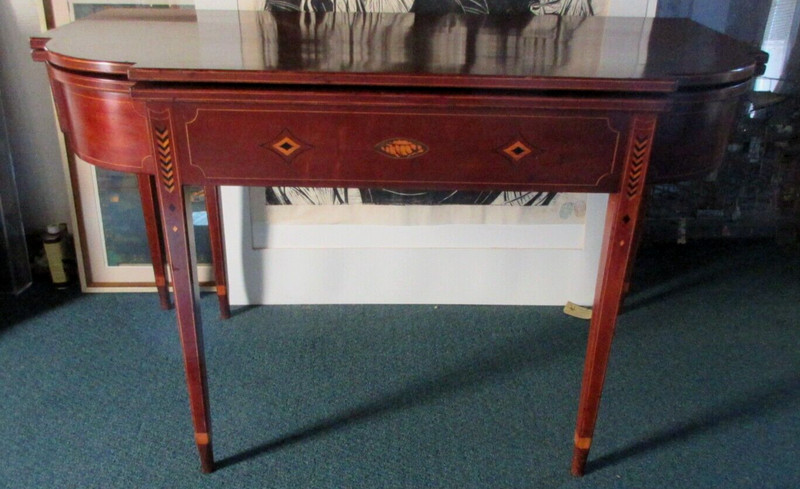 YES A 48" WIDE LARGE ANTIQUE AMERICAN FEDERAL INLAID CHERRY CARD TABLE RARE SIZE gallery