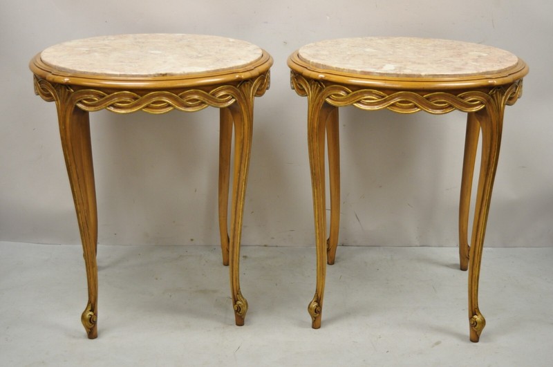 French Provincial Hollywood Regency Round Pink Marble Top Side Tables - a Pair gallery