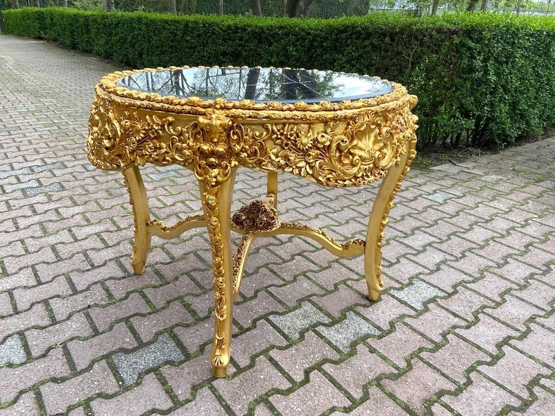 Table Italian Baroque Gold Carved Base with Original Black Marble Top Vintage gallery