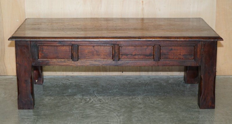 VINTAGE OAK COFFEE TABLE CHUNKY SOLID LEGS AND THREE PLANK WOOD TOP gallery