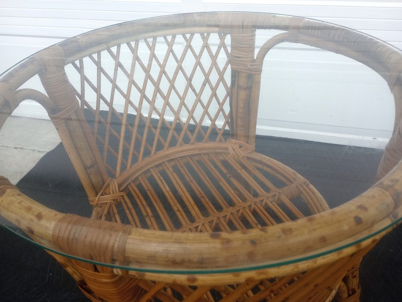 Mid Century Round Burnt Bamboo Side End Table Glass Top Dining Table Base gallery