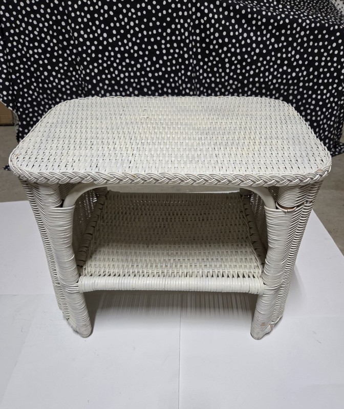 Vintage White Wicker, Rattan Two Tier End, Side Table